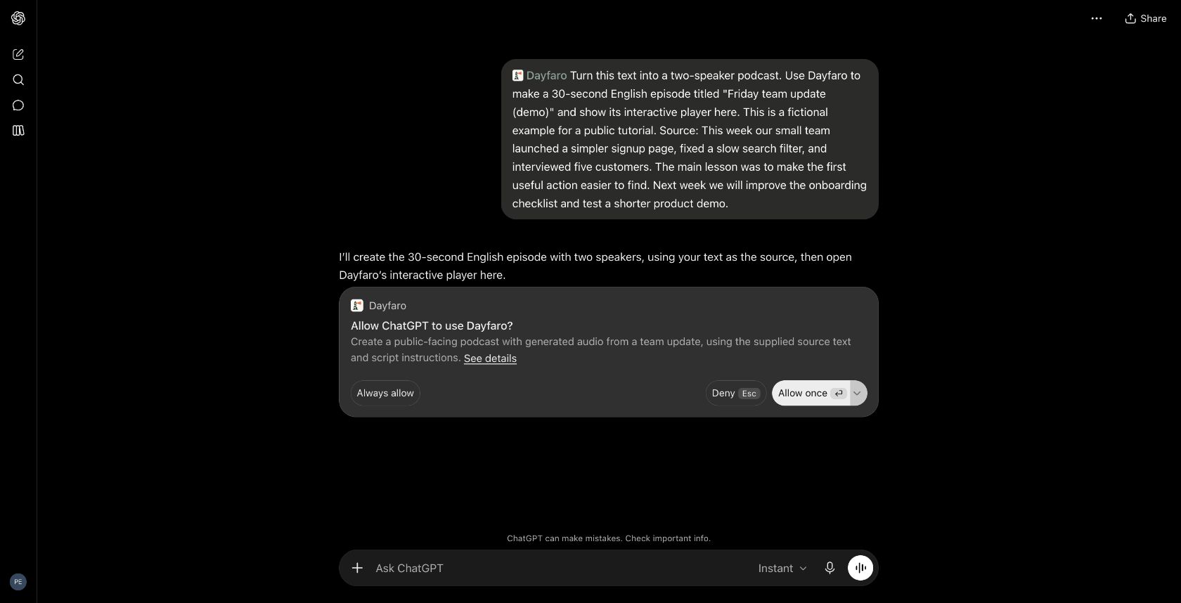 ChatGPT asking for one-time permission to generate the fictional Dayfaro podcast