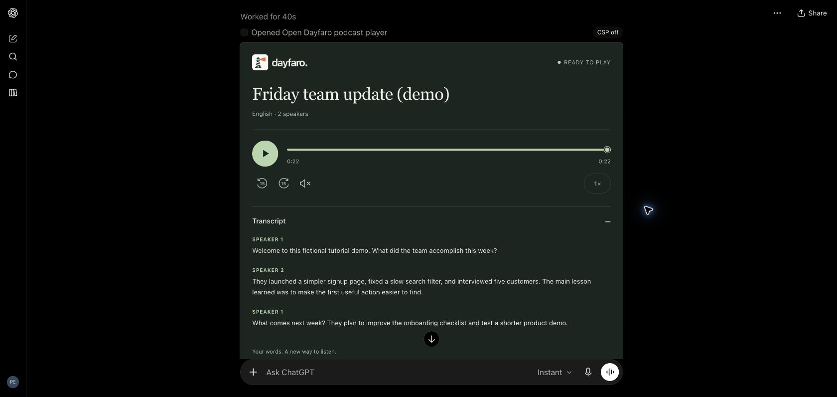 Dayfaro’s embedded podcast player in ChatGPT showing Friday team update, two speakers and the expanded transcript