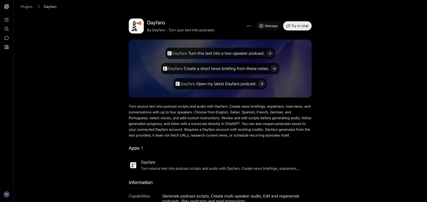Public Dayfaro plugin listing in ChatGPT with the Try in chat button